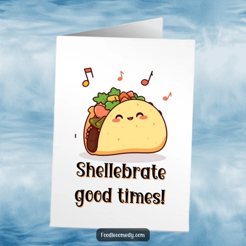 Funny Free Printable Happy Birthday Card: A taco with its shell jiggling rhythmically to music, ready to party.