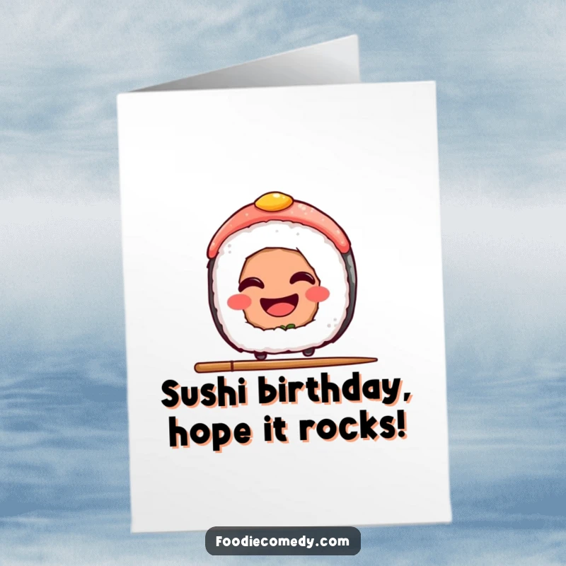 Funny Free Printable Birthday Card: A sushi slice with a huge grin, precariously balancing on a single chopstick.
