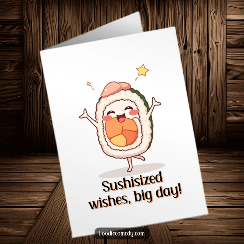 Funny Free Printable Birthday Card: Joyful sushi roll in a comedic ballet pose, ready to celebrate with a laugh.