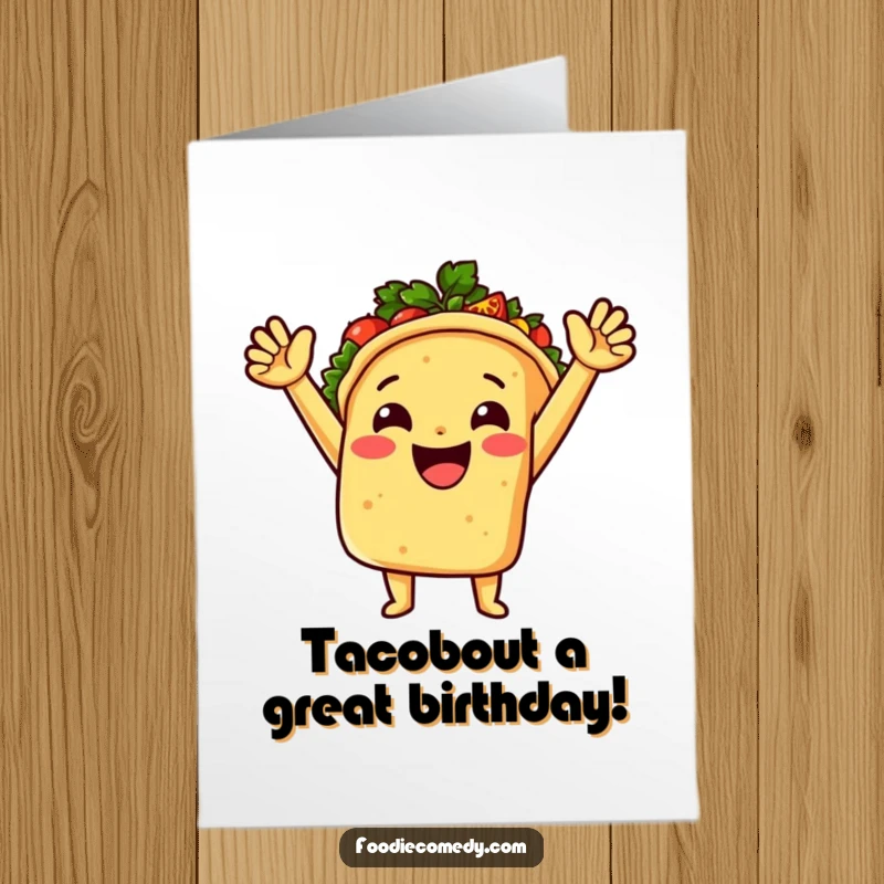 Funny Free Printable Birthday Card: A joyful taco with its arms up, enthusiastically bursting with spicy salsa.