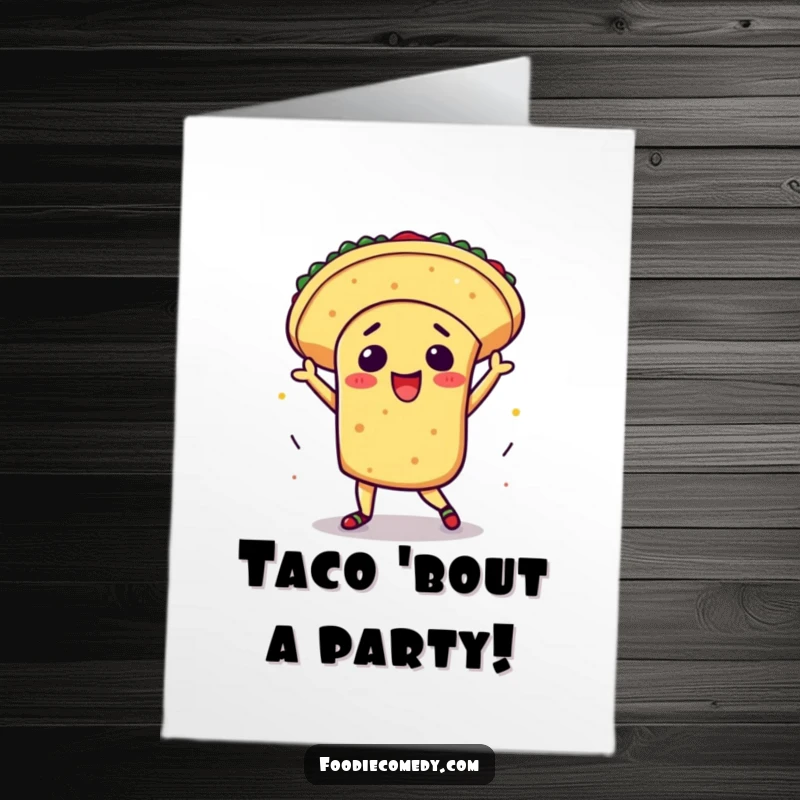 Funny free printable birthday card: A kawaii taco energetically performing a flamboyant salsa dance, spreading birthday joy and fiesta vibes.