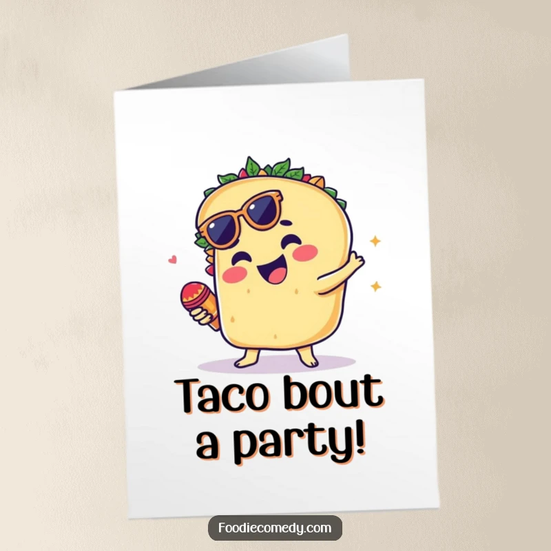Funny Free Printable Birthday Card: A groovy taco dancing with tiny maracas, celebrating a birthday with a festive vibe.