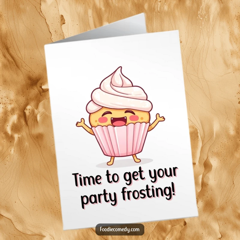Funny Free Printable Birthday Card: A gleeful cupcake with frosting happily hops to an unheard beat.