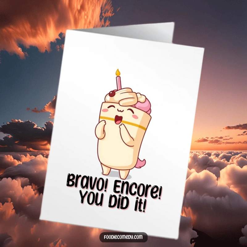 Funny Free Printable Congratulations Card with a kawaii cake character performing an over-the-top opera bow.