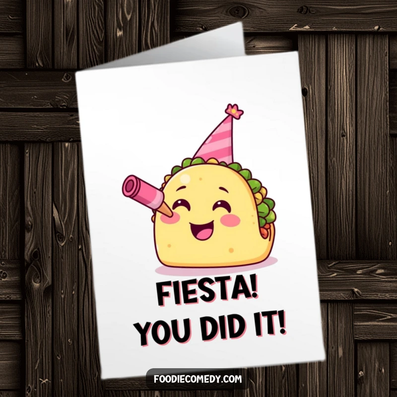 Funny Free Printable Congratulations Card of a smiling taco in a party hat, blowing a horn to celebrate big wins.