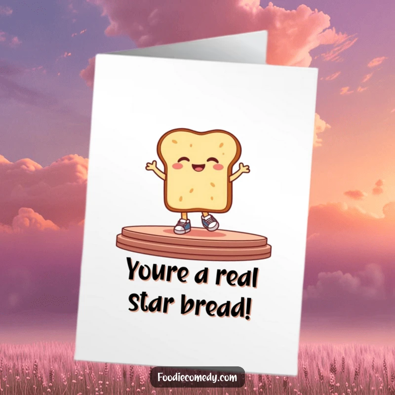 Funny Free Printable congratulations card of a stylized bread piece in sneakers hopping joyfully on a stage.