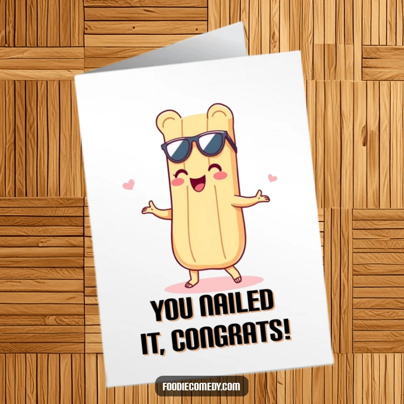 Funny Free Printable Congratulations Card: Delighted baguette grooving with a shimmy, celebrating achievements with flair. A chic and humorous design.