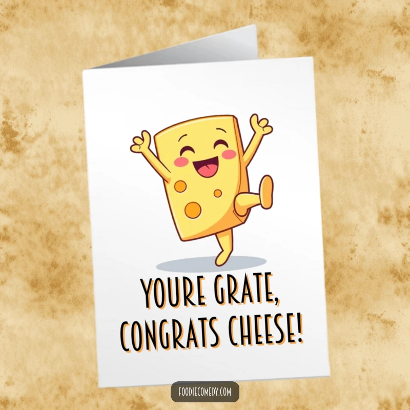 Free Printable congratulations card: A cheerful cheese wedge executing a triumphant high kick. Funky downloadable message.