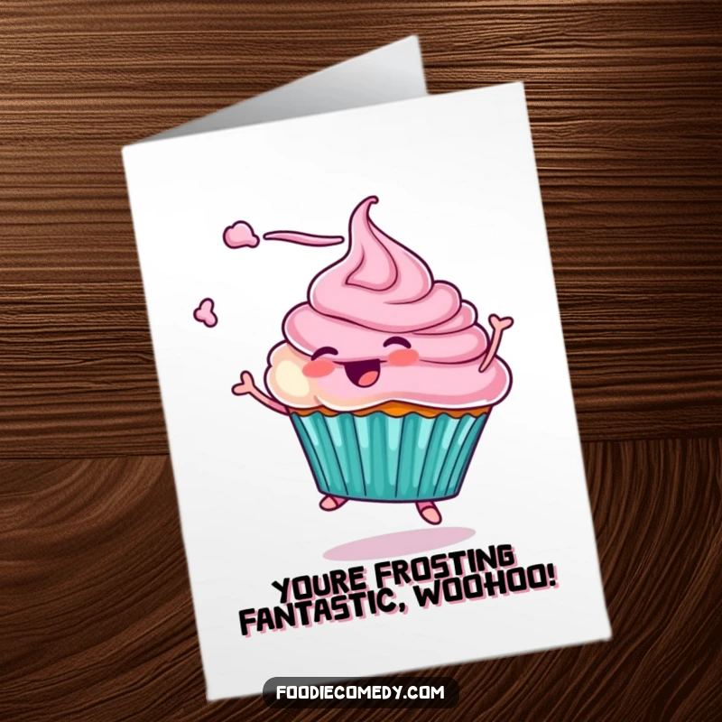 Funny Free Printable Congratulations Card: A cheerful cupcake character doing a graceful twirl with frosting.