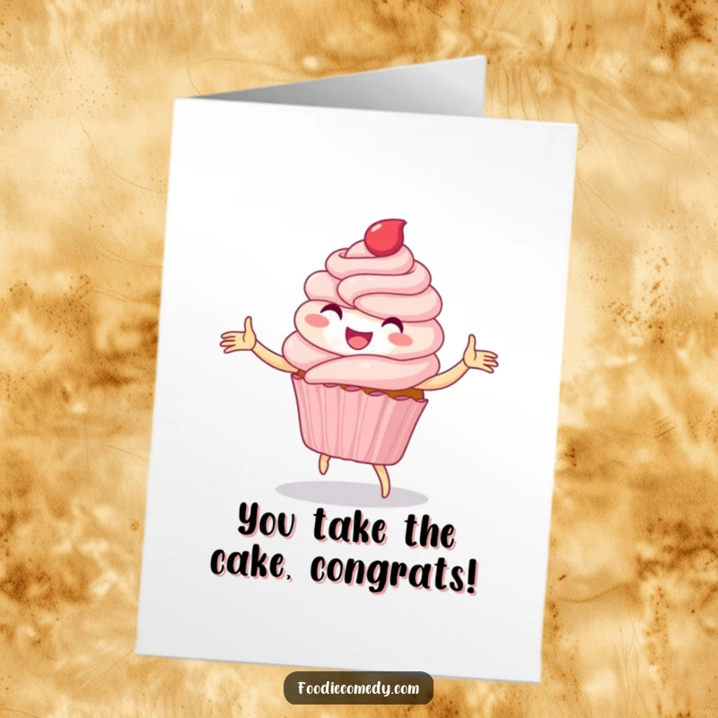 Funny Free Printable Congrats Card: A happy cupcake doing a lively folk dance, celebrating achievements with sugary delight.