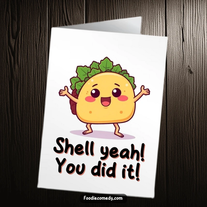 Funny Free Printable Congratulations Card: A taco with arms and legs performs a groovy dance move, celebrating success.