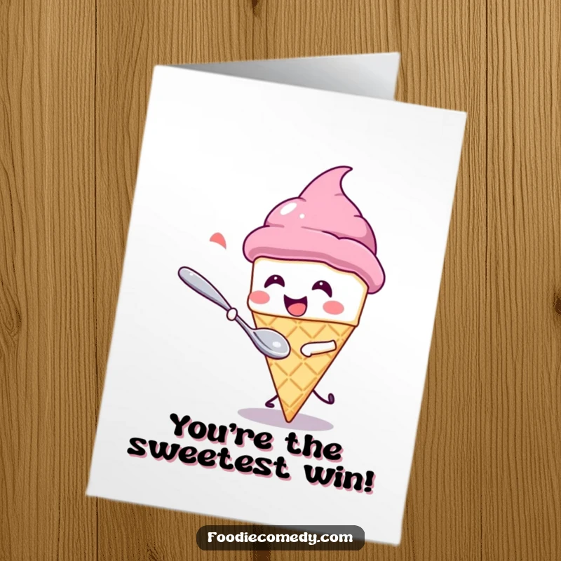 Funny Free Printable Congratulations Card: A kawaii ice cream cone giggles gleefully while being pursued by a playful spoon.