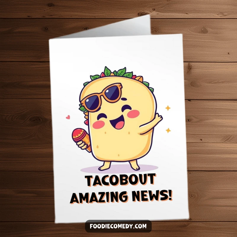 Funny Free Printable Congratulations Card: A groovy taco shaking tiny maracas with joy, celebrating a big success with a fiesta.