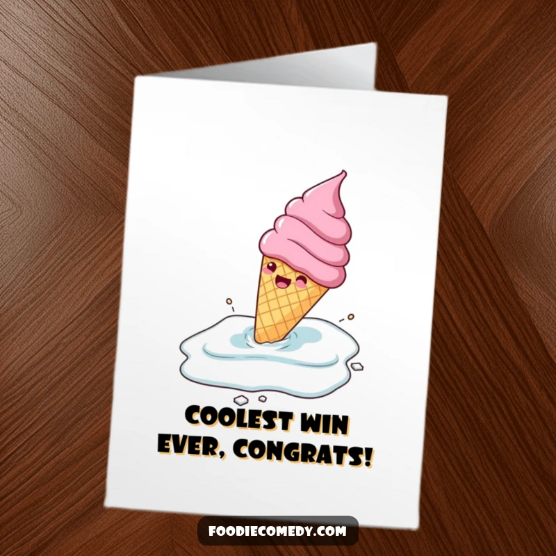 Funny Free Printable Congrats Card: Gleeful ice cream cone character sliding across ice, celebrating a cool achievement.