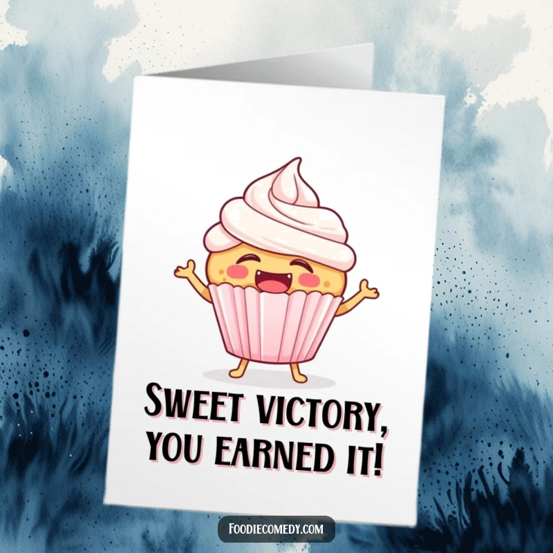 Funny Free Printable Congratulations Card: A laughing cupcake with sprinkles hops energetically, embodying celebration.