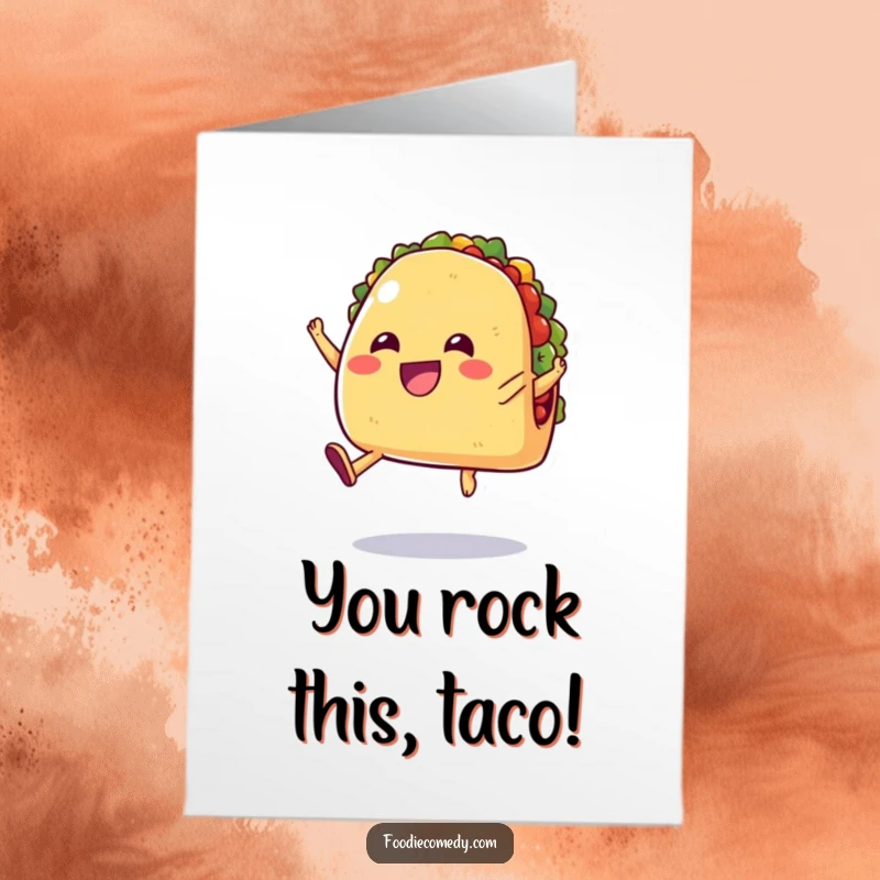 Funny Free Printable Congratulations Card: A cheerful taco with small legs leaping high in the air with pure joy.