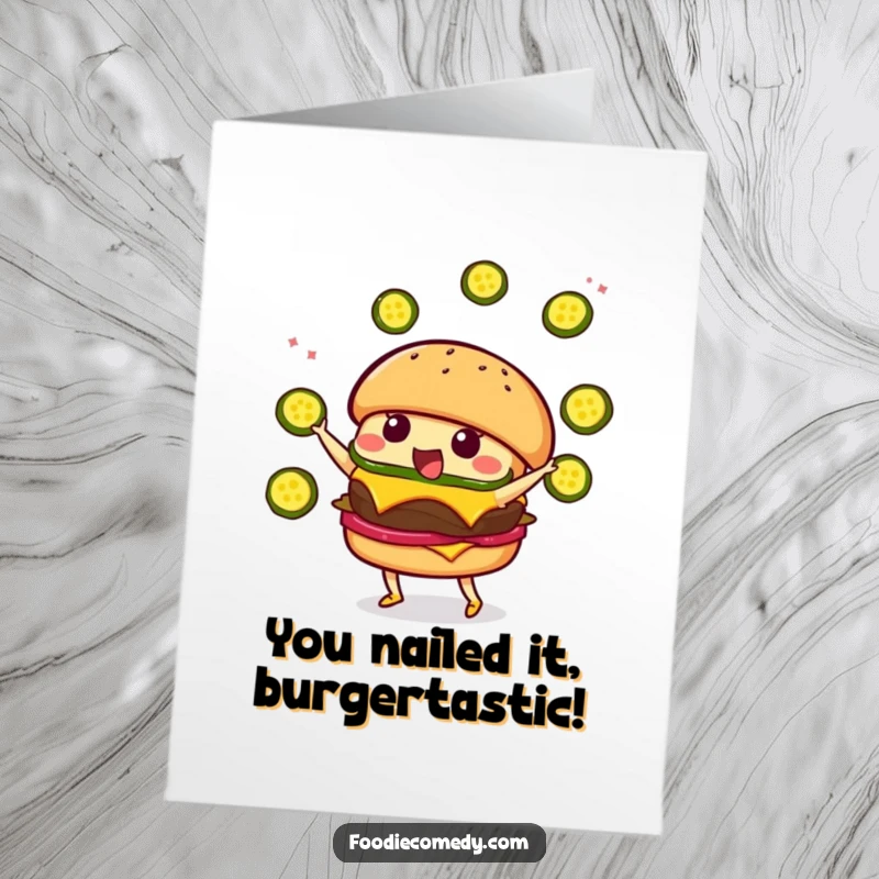 Funny Free Printable Congratulations Card: A kawaii burger character masterfully juggling multiple pickle slices.