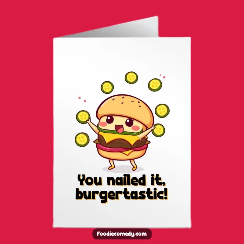 Free Printable Congrats Card: Kawaii Burger Pickle Juggling - Funny Downloadable Gift