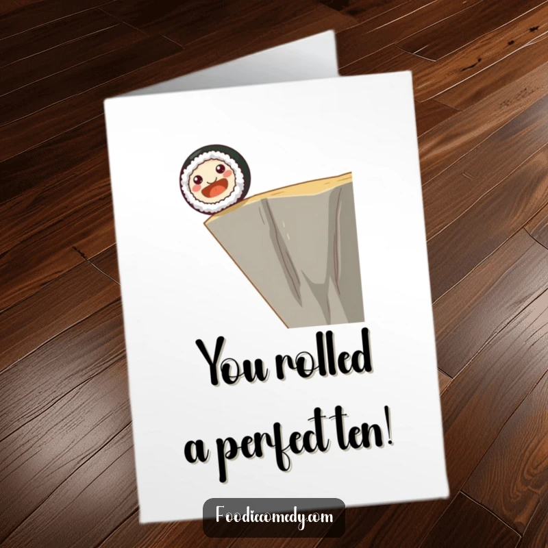 Funny Free Printable Congratulations Card: A smiling sushi roll with tiny eyes happily rolling off a cliff's edge in celebration.
