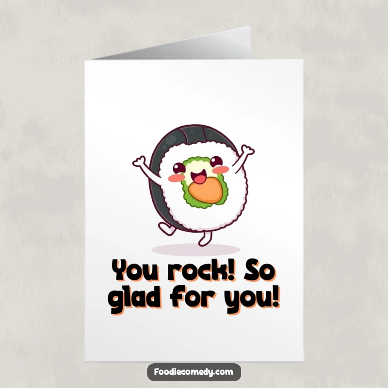 Funny Free Printable Congratulations Card featuring a cheerful sushi roll character doing a cartwheel, symbolizing a triumphant and energetic celebration.