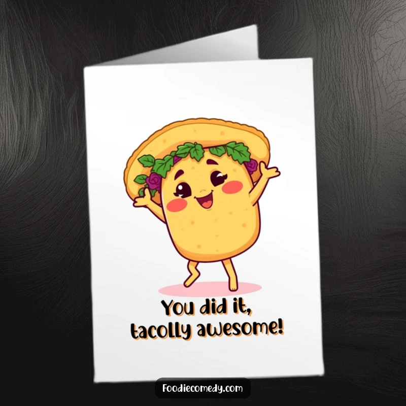 Funny Free Printable Congratulations Card: A joyful taco performs a lively salsa dance, winking with excitement.