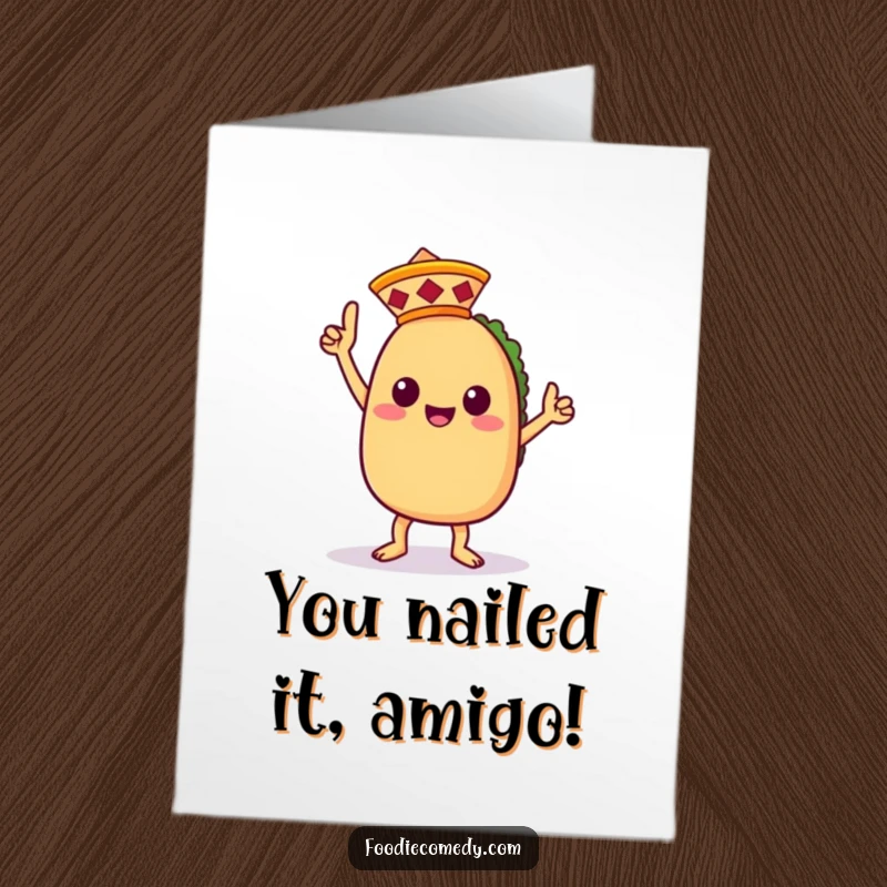 Funny Free Printable Congratulations Card: Kawaii taco celebrating with a victory dance and a small sombrero.