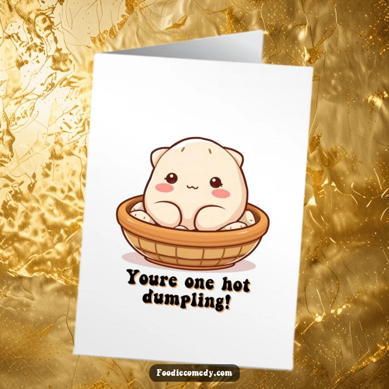 Funny Free Printable congratulations card featuring a plump dumpling winking playfully from a steaming basket.