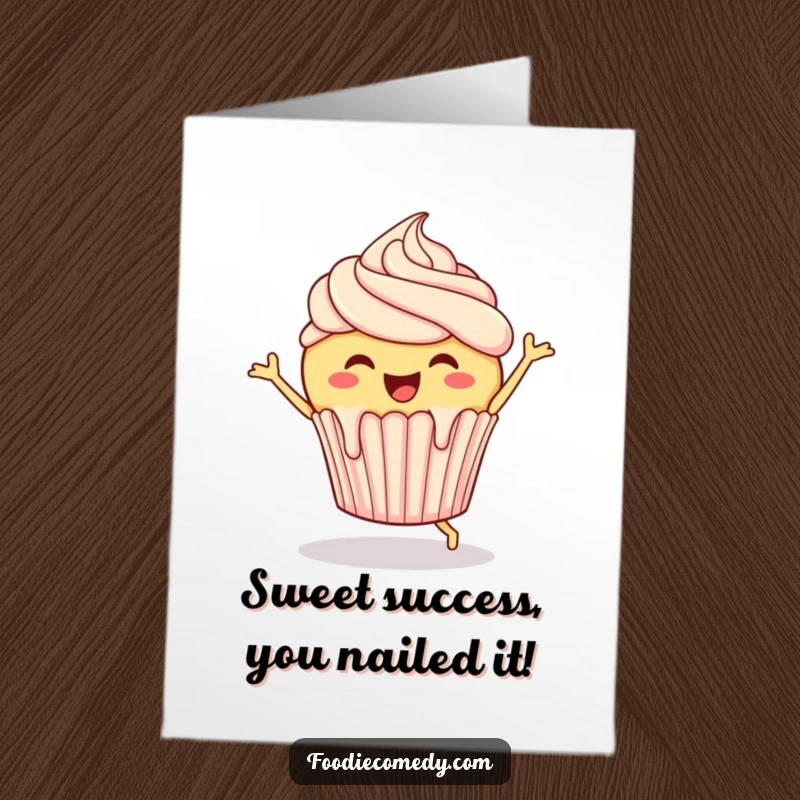 Funny Free Printable Congratulations Card of a happy cupcake with frosting drips, performing an energetic jig to celebrate achievements.