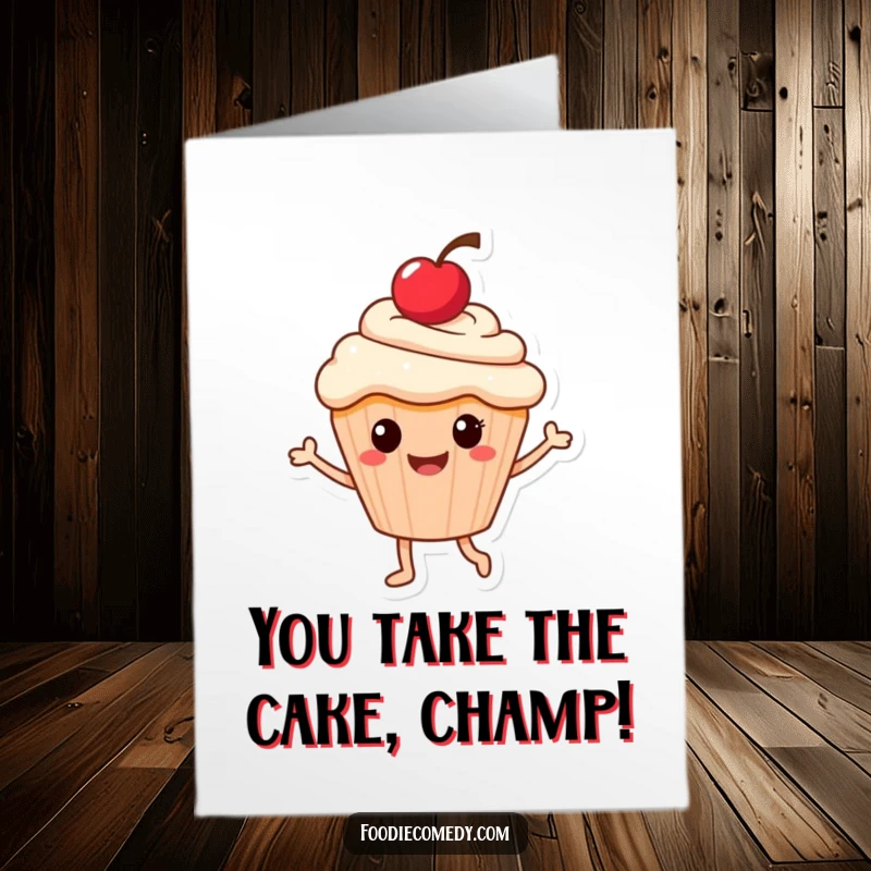 Funny Free Printable Congratulations Card: A smiling cupcake with a cherry on top joyfully dancing.