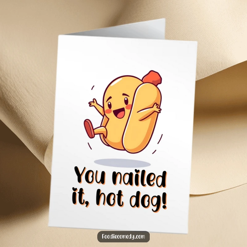 Funny Free Printable Congratulations Card: A hot dog in a bun performing an energetic breakdance move to celebrate.