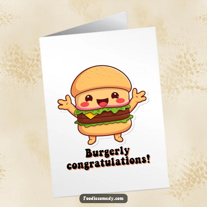 Funny Free Printable Congratulations Card showing a happy burger holding its hands out for a celebratory hug.