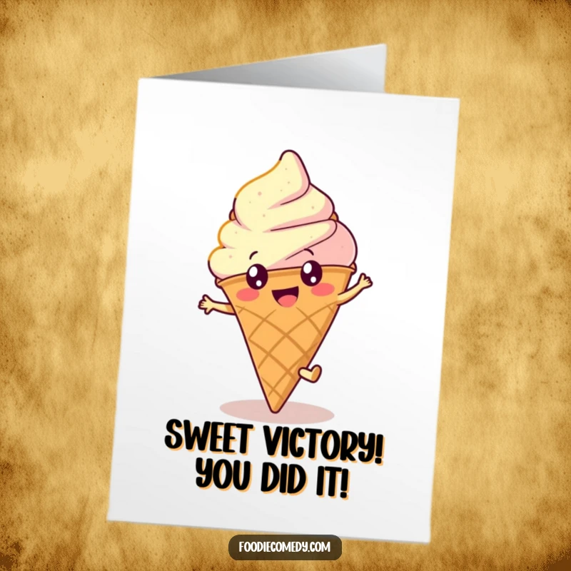 Funny Free Printable congratulations card of a happy ice cream cone doing a cartwheel with excitement.