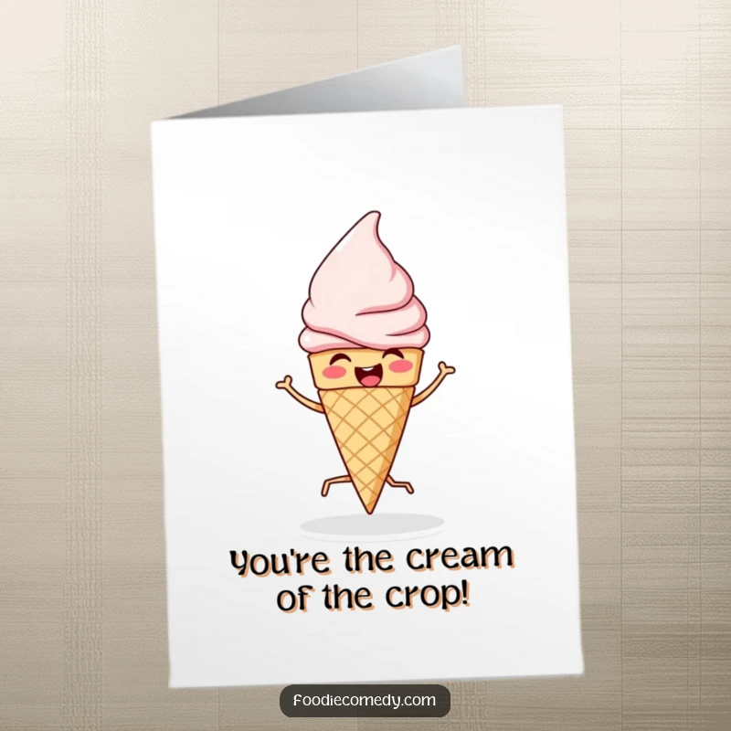 Funny Free Printable Congratulations Card: An ice cream cone doing a lively jig to celebrate an achievement.