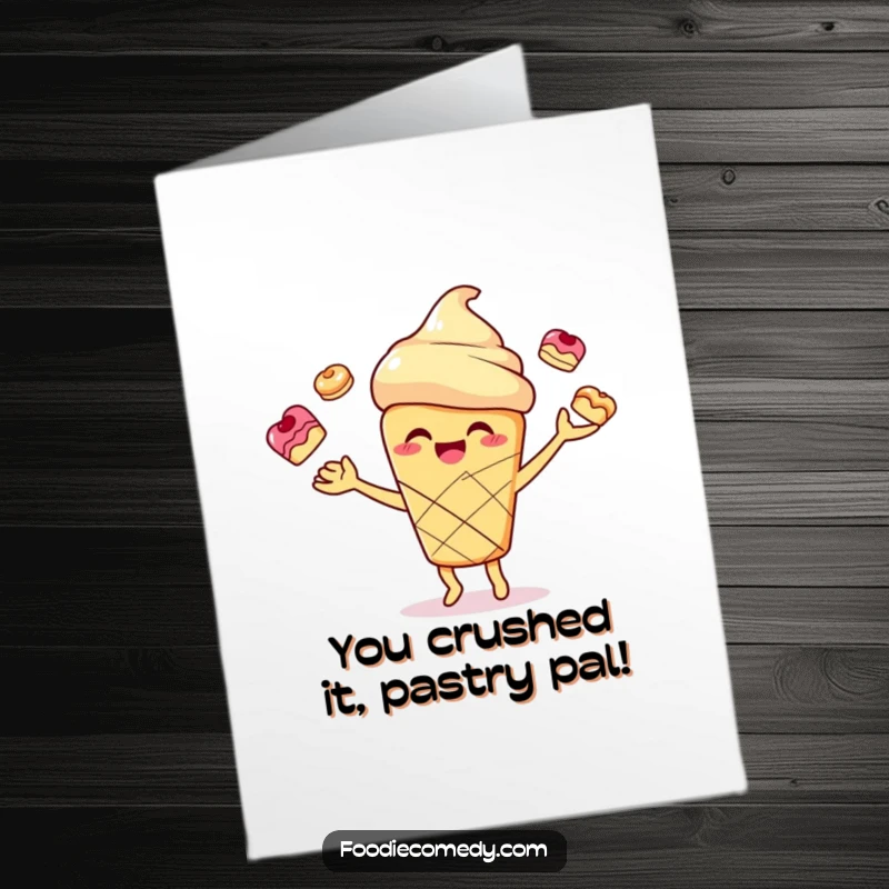 Funny Free Printable Congratulations Card featuring a smiling scone character joyfully juggling small pastries, celebrating a win.