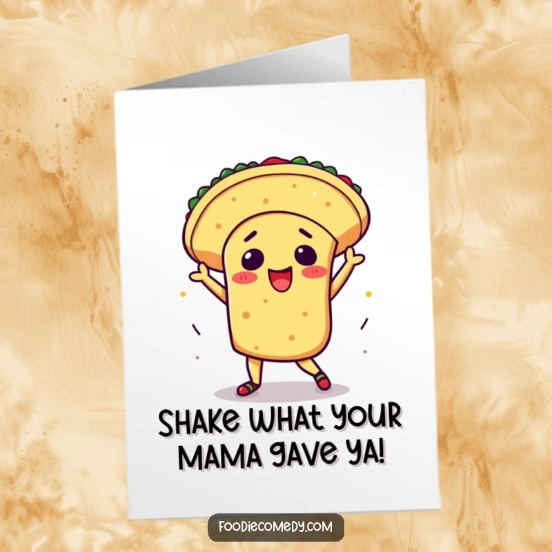 Funny free printable congratulations card: An ecstatic kawaii taco busting out a vibrant salsa dance, celebrating success with delicious flair.