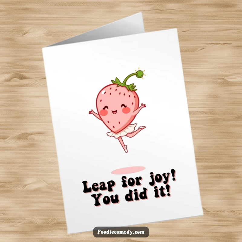 Funny Free Printable Congratulations Card: A blushing strawberry performing a perfect ballet leap, stem like a plume, celebrating a fantastic achievement.