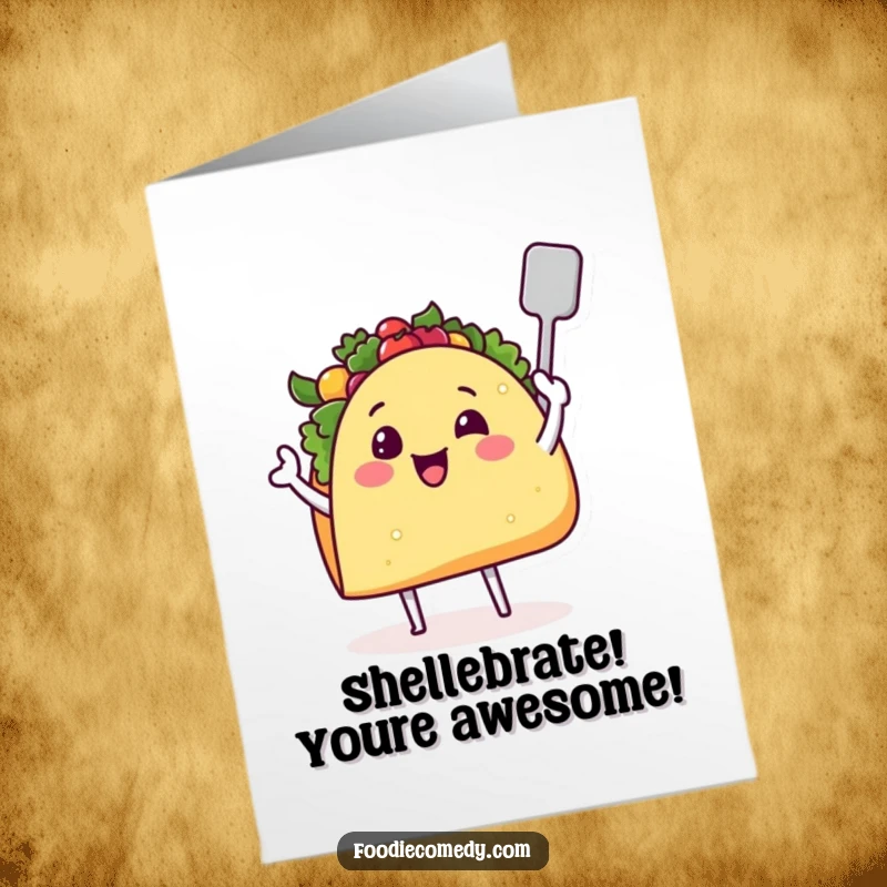 Funny Free Printable Congratulations Card showcasing a smiling taco with tiny legs, proudly waving a spatula, celebrating a delicious victory.