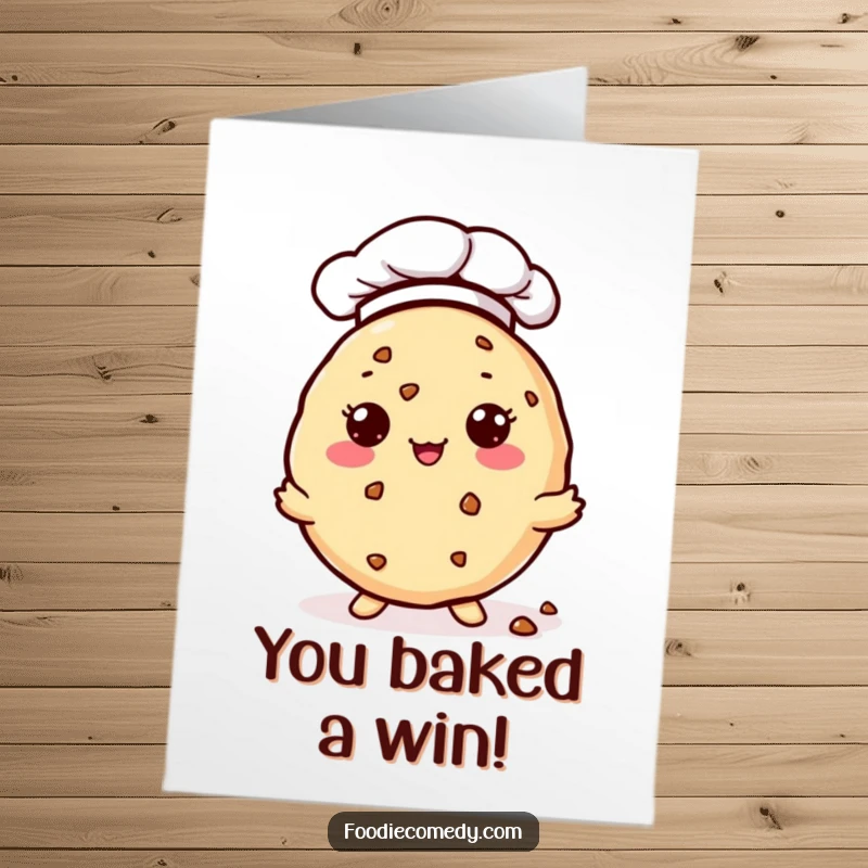 Funny Free Printable Congratulations Card: A kawaii cookie wearing a chef hat politely offers tiny crumbs to celebrate.
