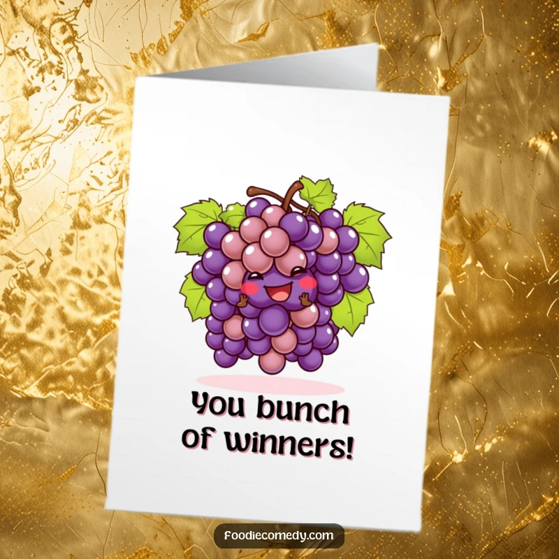 Funny free printable congratulations card: A cheeky bunch of grapes performs a lively cha-cha, celebrating your achievements with zest.