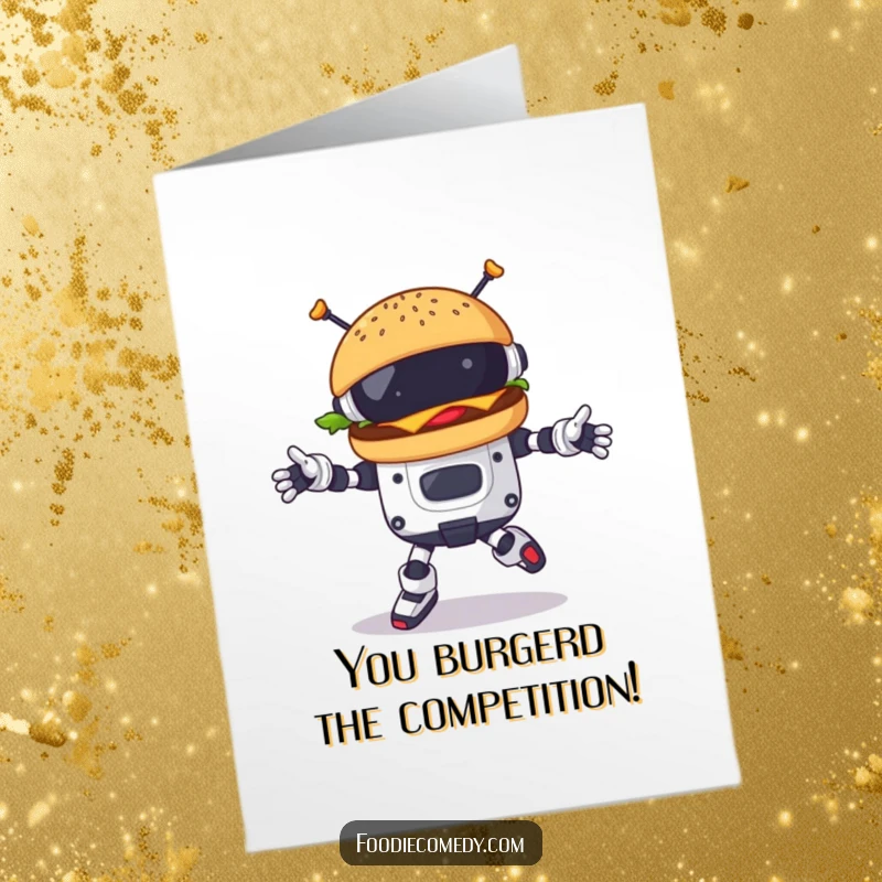 Funny Free Printable Congratulations Card: A burger character doing a robotic dance to cheer.