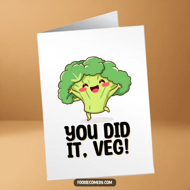 Funny Free Printable Congratulations Card: A cheerful broccoli performing a kick-ball-change, celebrating your success with energetic moves.
