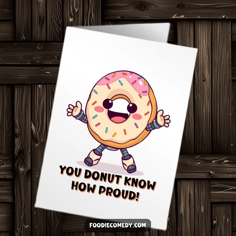 Funny Free Printable Congratulations Card: A happy donut with sprinkles does a perfect robot dance, celebrating good news.