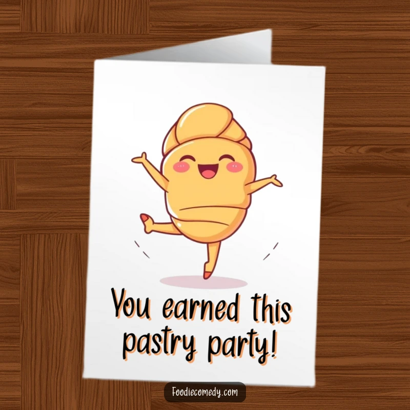 Funny Free Printable Congratulations Card: Giggling croissant in a ballet leap, expressing joyous achievement with whimsical pastry dance.