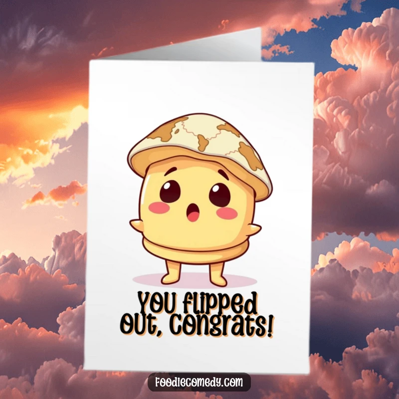 Funny Free Printable Congratulations Card: A surprised pancake character wearing a map as a hat, celebrating new beginnings.