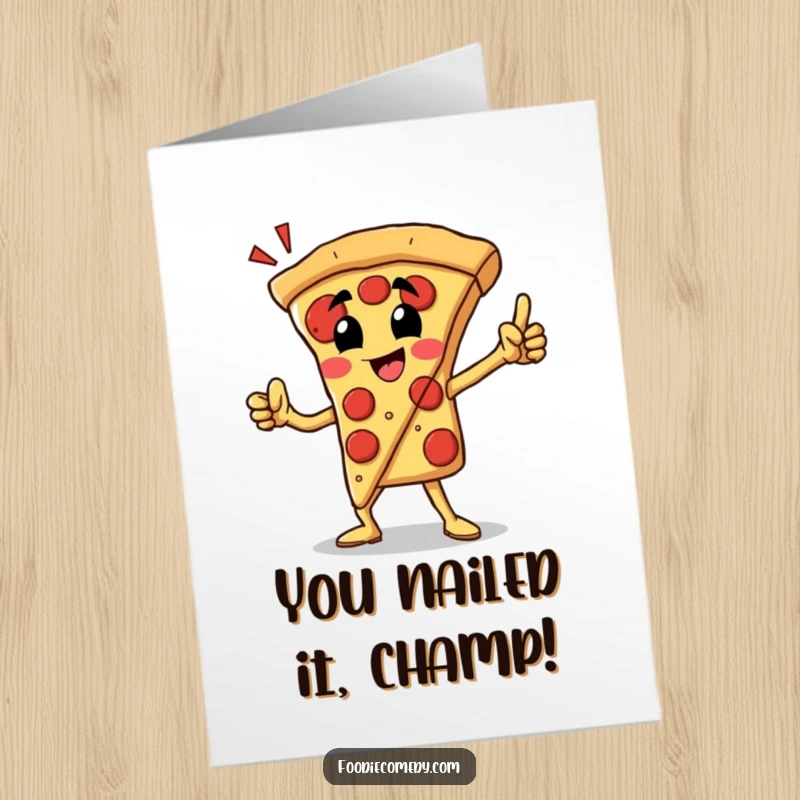 Funny Free Printable Congrats Card: Heroic pizza slice strikes a proud, victorious pose.