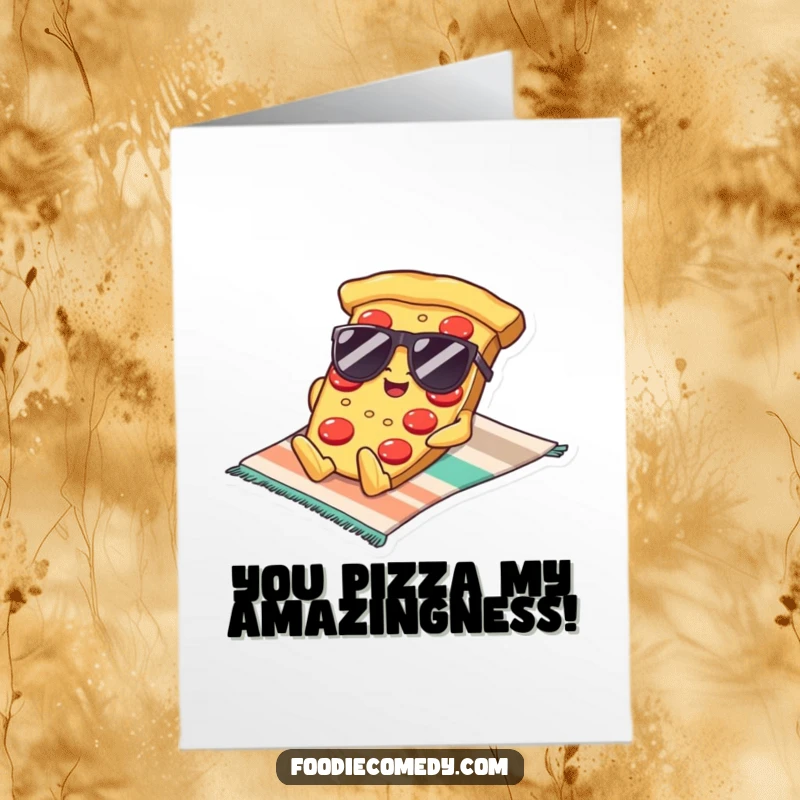 Funny Free Printable Congratulations Card: A kawaii pizza slice wearing sunglasses, lounging casually on a beach towel, signifying relaxation and victory.