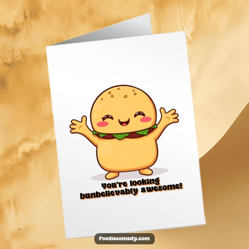 Funny free printable congratulations card: a happy burger with hands outstretched, symbolizing a warm hug.