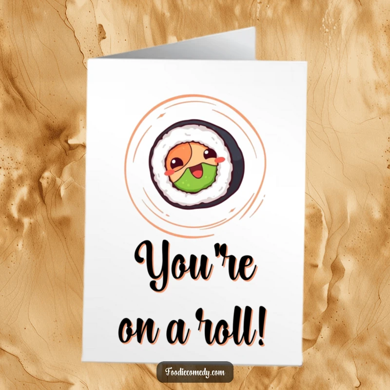 Funny Free Printable congratulations card: A happy sushi roll spinning with excitement to celebrate success.