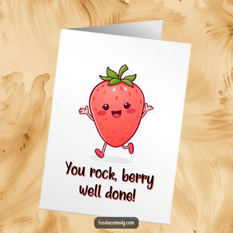 Funny Free Printable Congratulations Card: A smiling strawberry performs a skillful tap dance, celebrating a wonderful occasion.