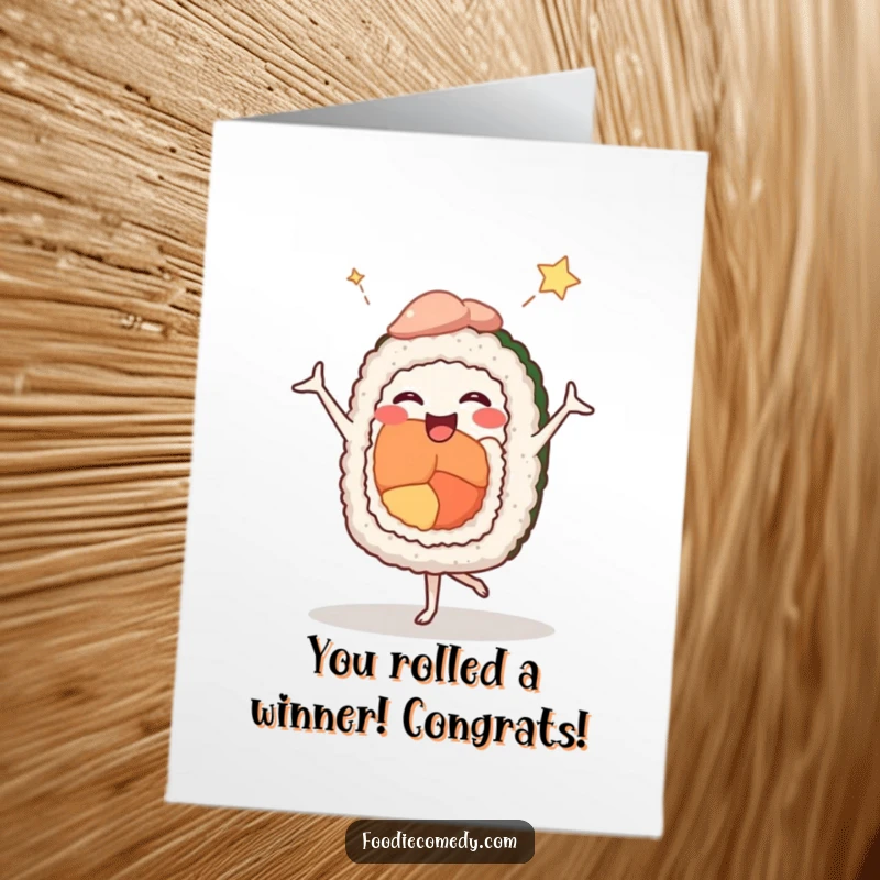 Funny Free Printable Congratulations Card: A sushi roll strikes a comedic ballet pose, celebrating your big win with flair.